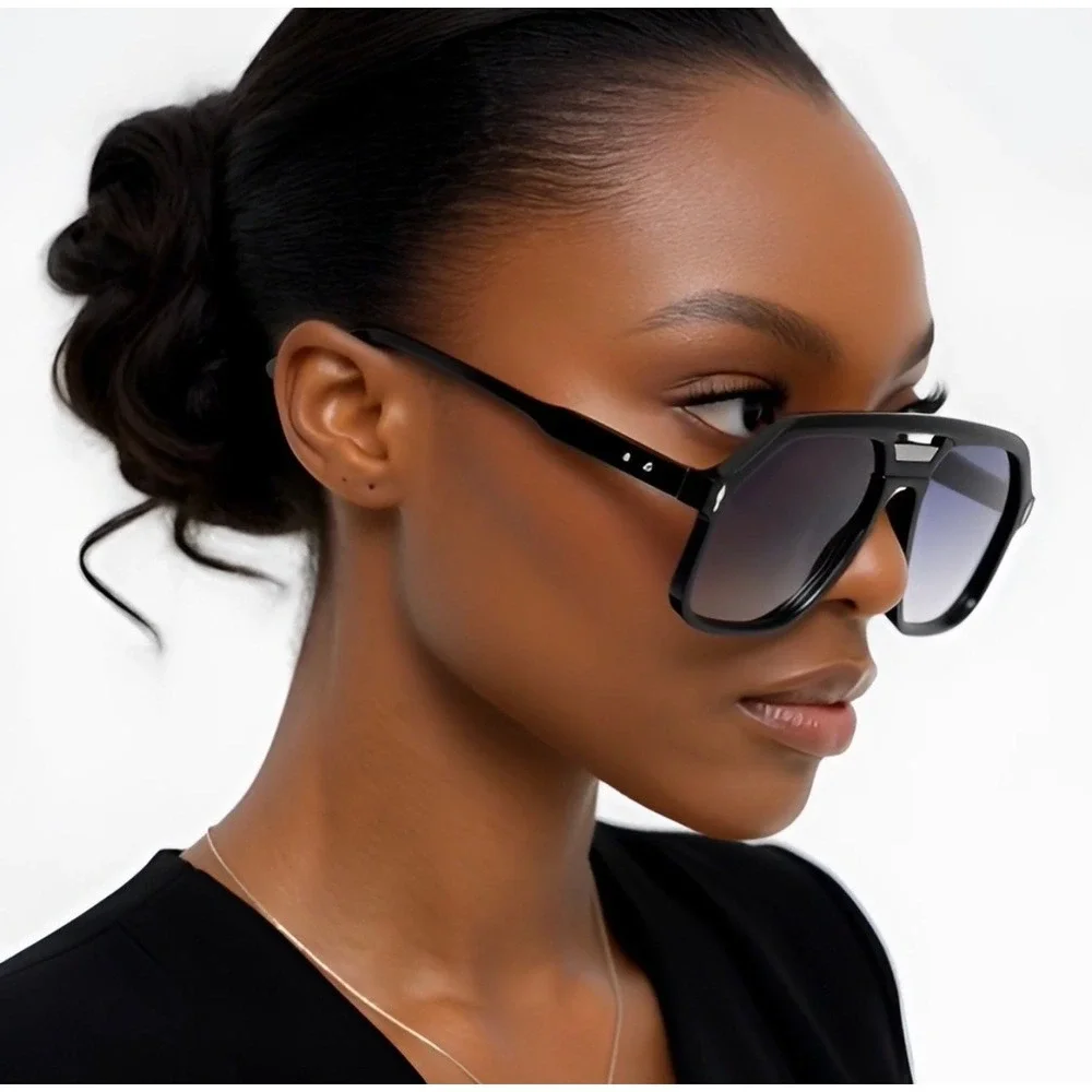 Oversized‎ Black Aviator Sunglasses Women Shades Flat Top Square Frames Female
